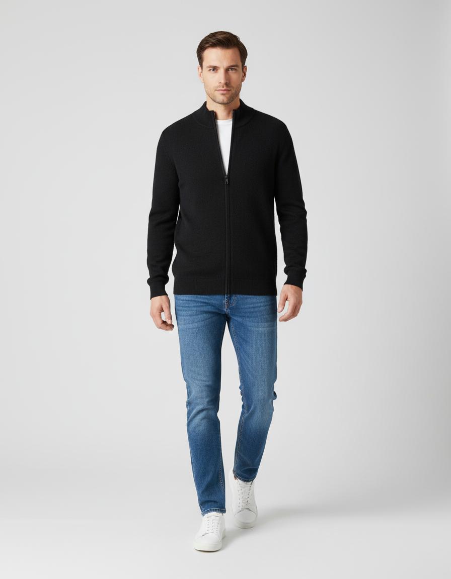 Refined Men’s Zip-Up Wool Sweater - Black