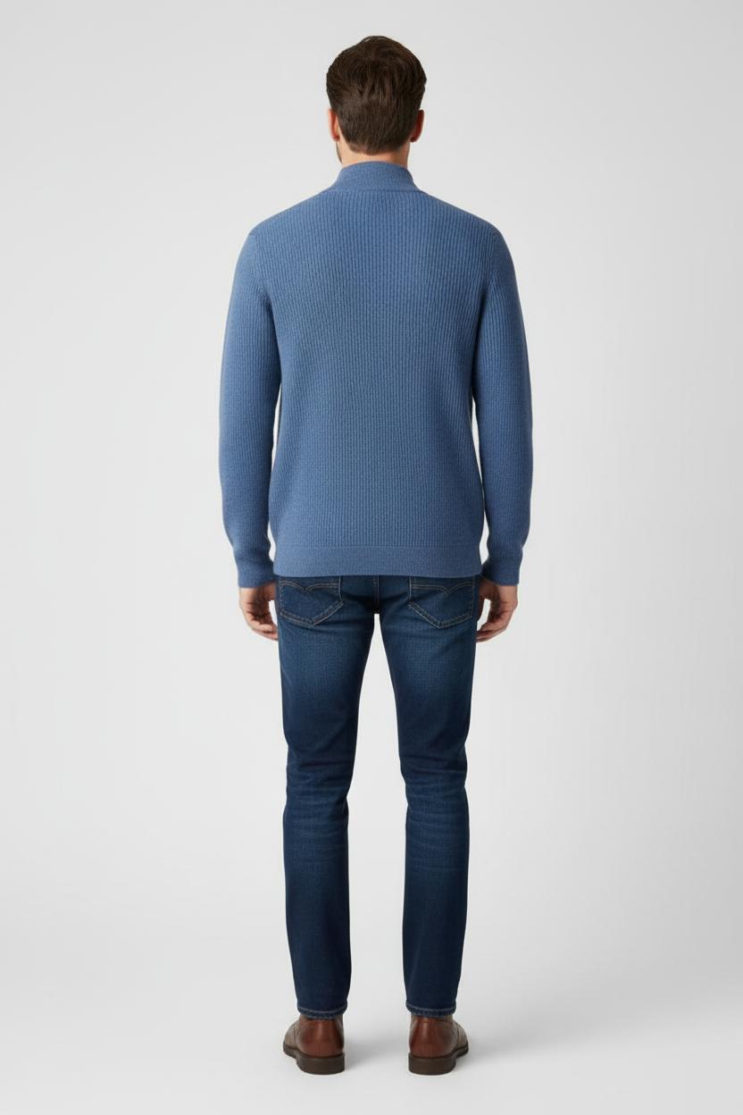 Refined Men’s Zip-Up Wool Sweater - Blue