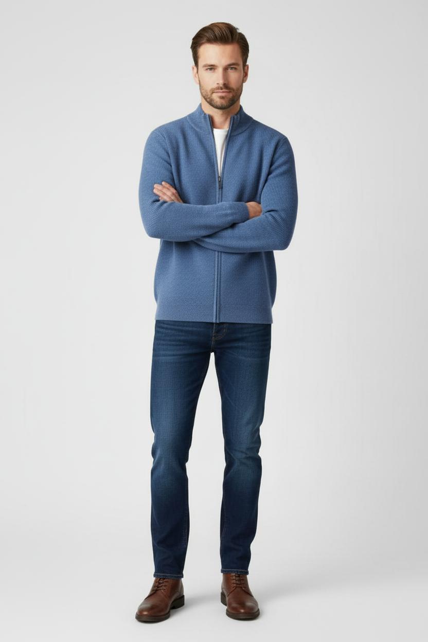Refined Men’s Zip-Up Wool Sweater - Blue