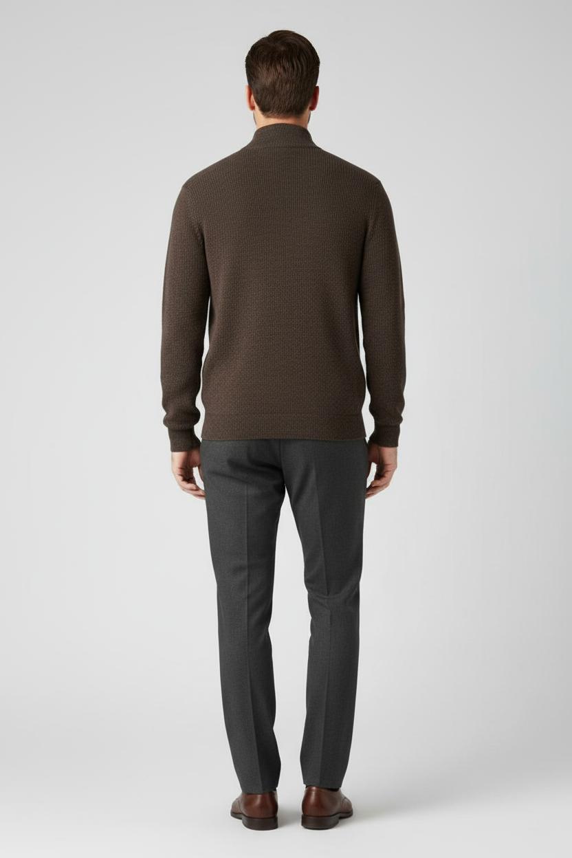 Refined Men’s Zip-Up Wool Sweater - Brown