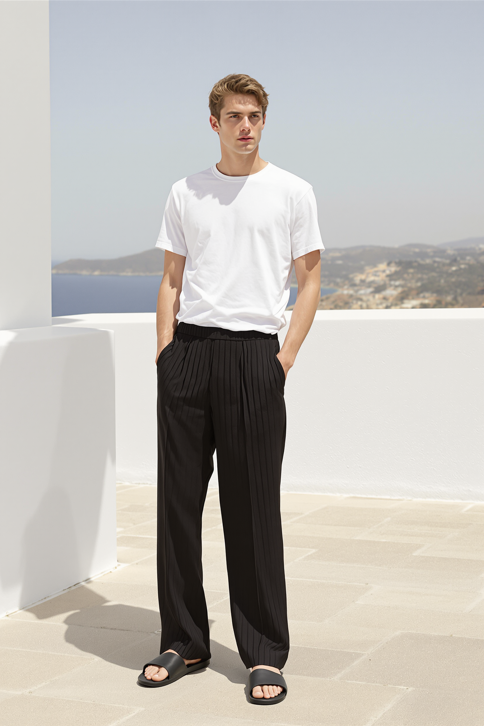 Relaxed Pleated Summer Trousers for Men - Black
