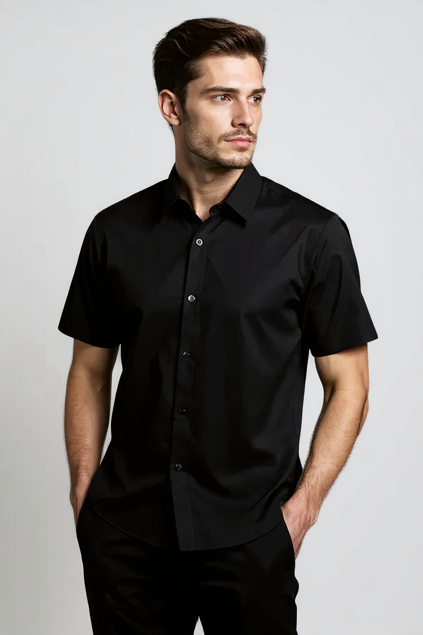 Short Sleeve Button Shirt for Men - Black