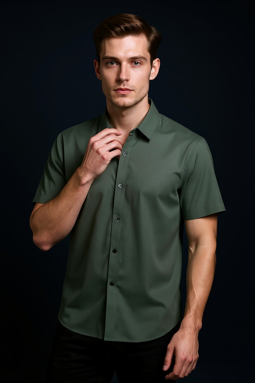 Short Sleeve Button Shirt for Men - Green