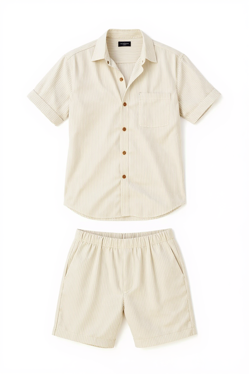 Short-Sleeved Shirt and Shorts Set for Men - Beige