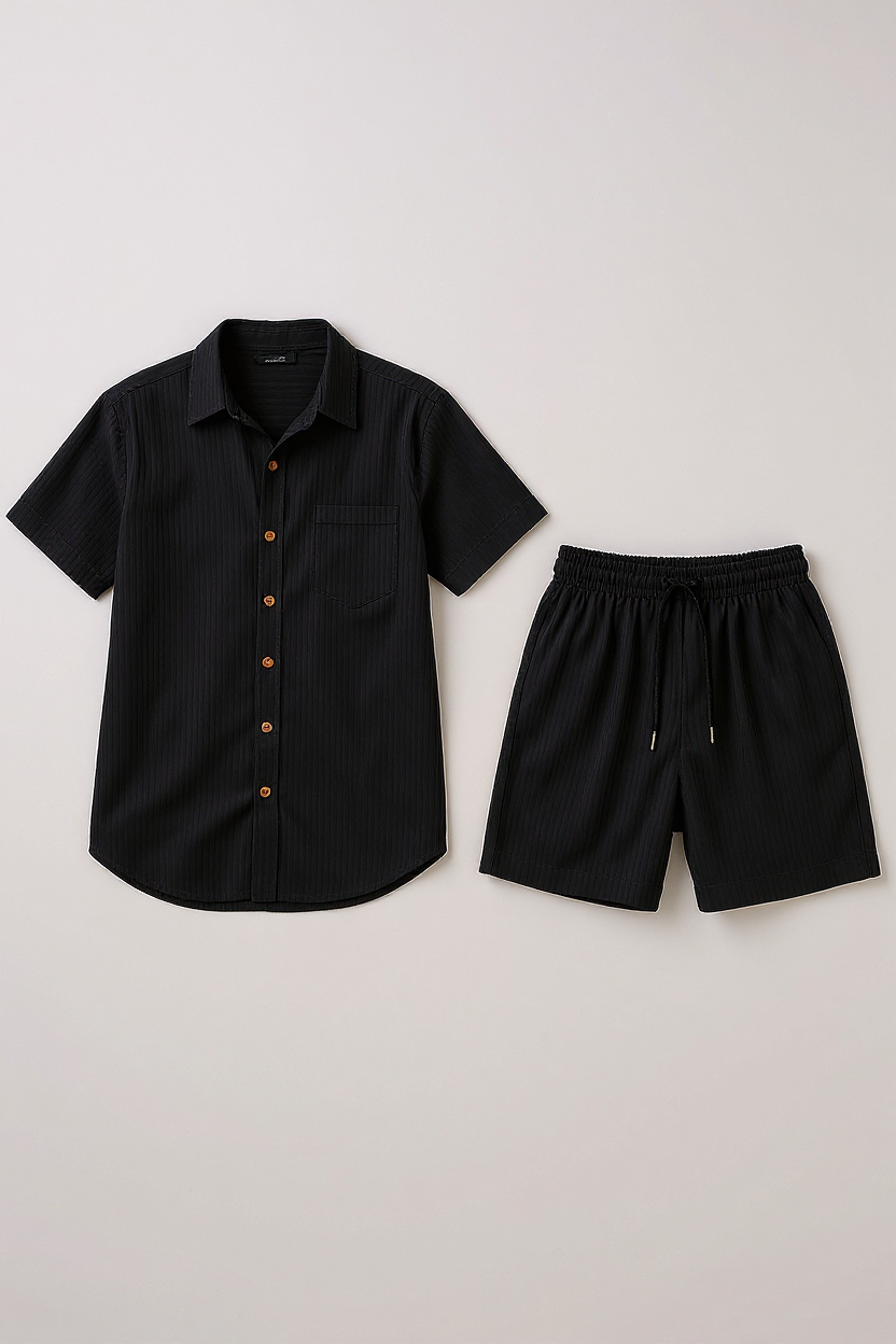 Short-Sleeved Shirt and Shorts Set for Men - Black