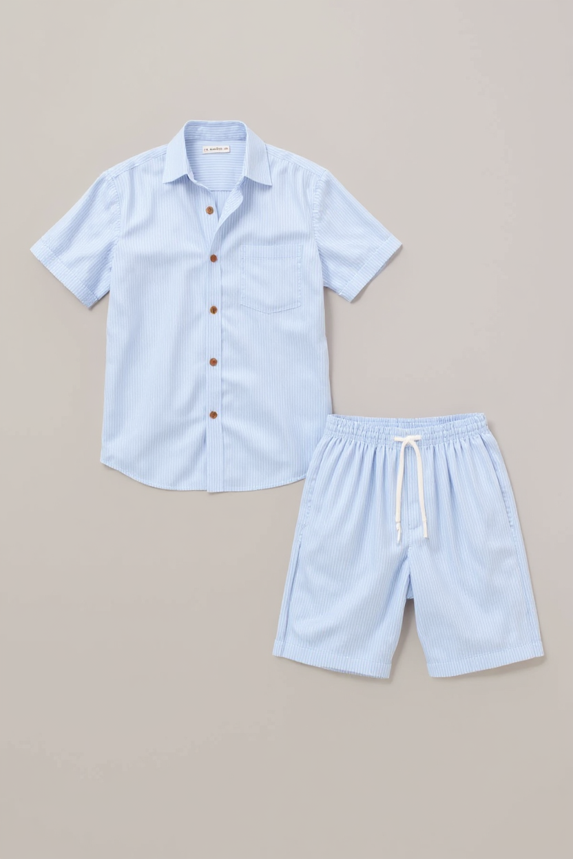 Short-Sleeved Shirt and Shorts Set for Men - Light Blue