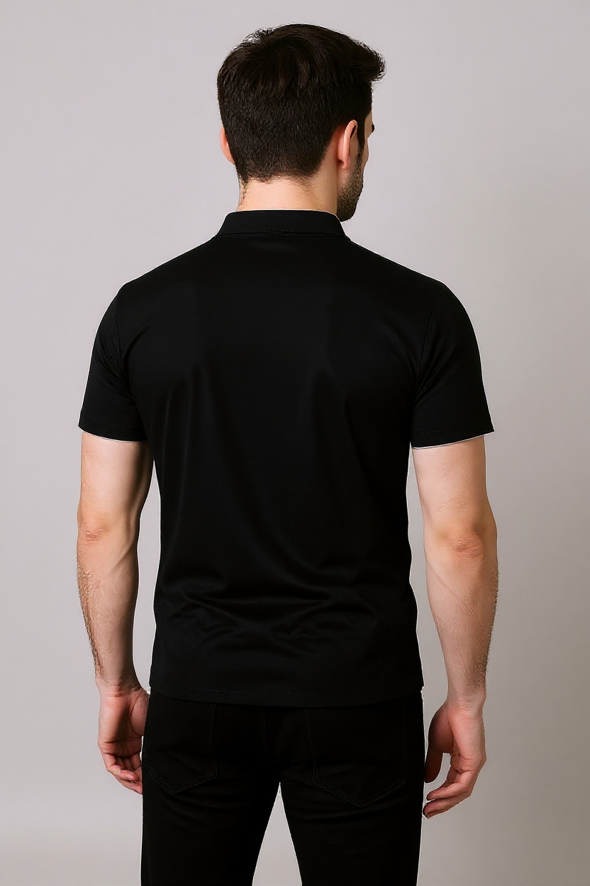 Slim Fit Polo Shirt With Mandarin Collar - Black