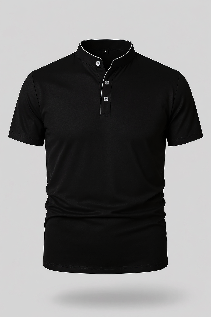 Slim Fit Polo Shirt With Mandarin Collar - Black