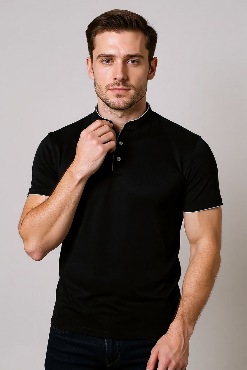 Slim Fit Polo Shirt With Mandarin Collar - Black