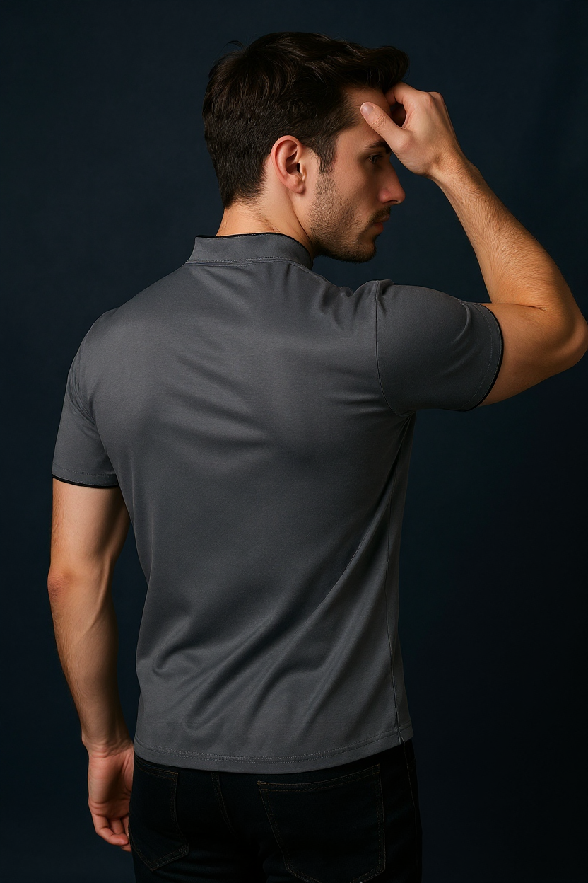 Slim Fit Polo Shirt With Mandarin Collar - Grey