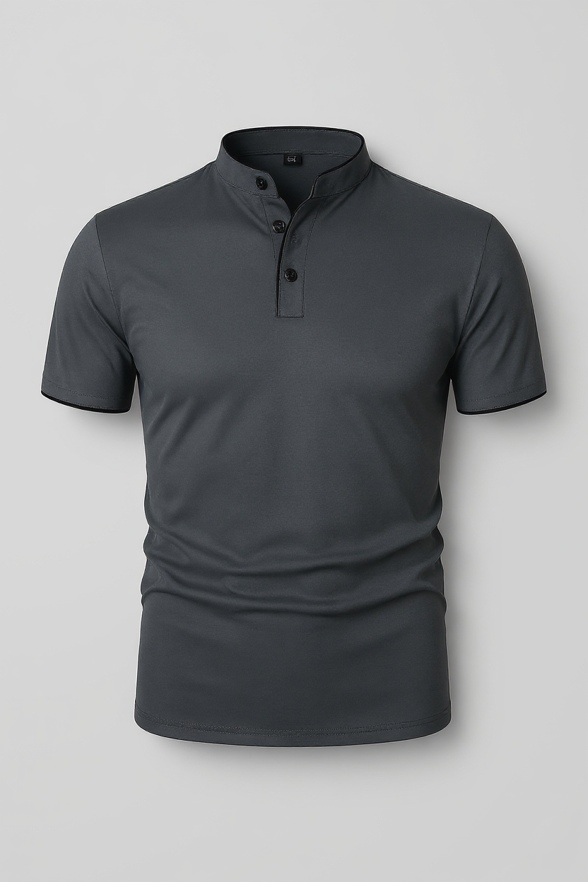 Slim Fit Polo Shirt With Mandarin Collar - Grey