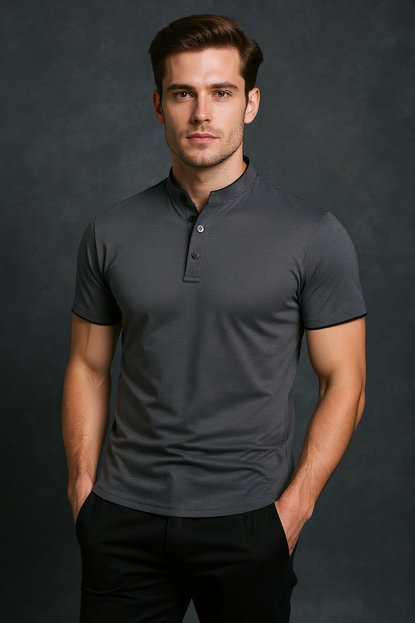 Slim Fit Polo Shirt With Mandarin Collar - Grey