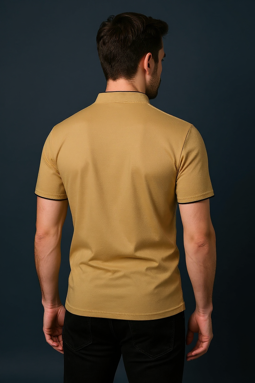Slim Fit Polo Shirt With Mandarin Collar - Khaki