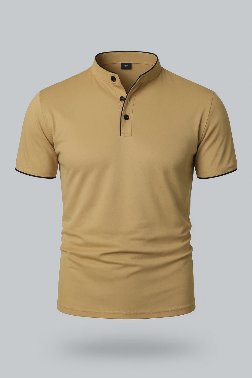 Slim Fit Polo Shirt With Mandarin Collar - Khaki