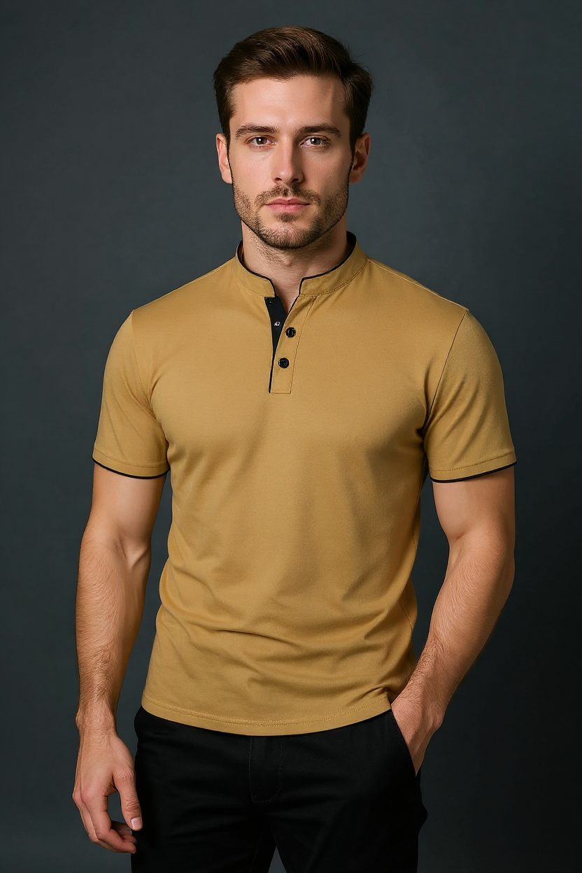 Slim Fit Polo Shirt With Mandarin Collar - Khaki