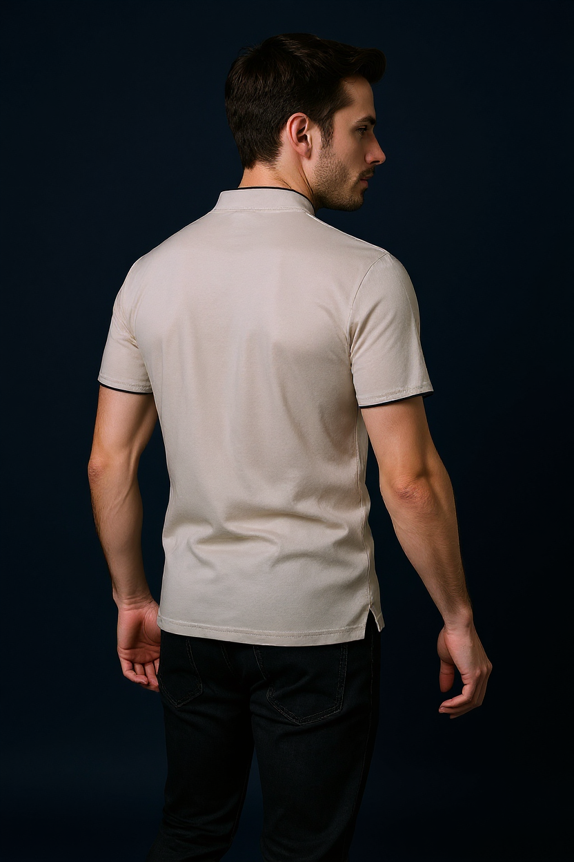 Slim Fit Polo Shirt With Mandarin Collar - Light Grey