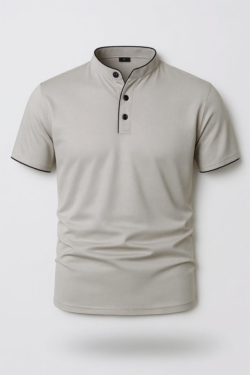 Slim Fit Polo Shirt With Mandarin Collar - Light Grey