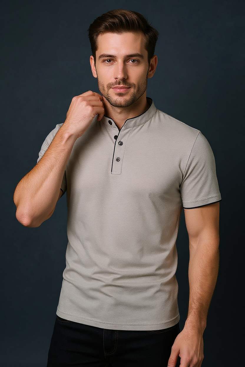 Slim Fit Polo Shirt With Mandarin Collar - Light Grey