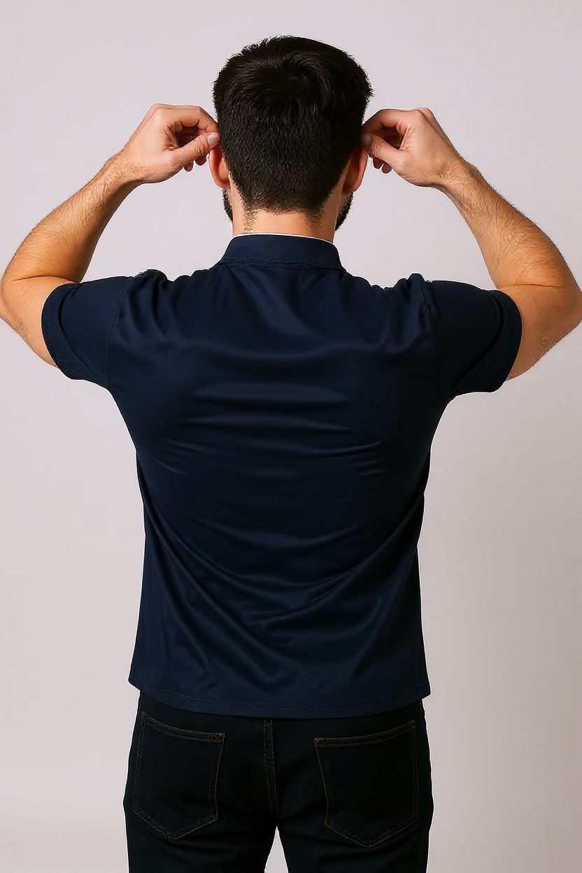 Slim Fit Polo Shirt With Mandarin Collar - Navy