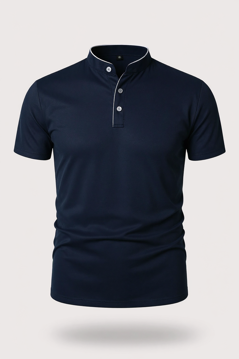 Slim Fit Polo Shirt With Mandarin Collar - Navy