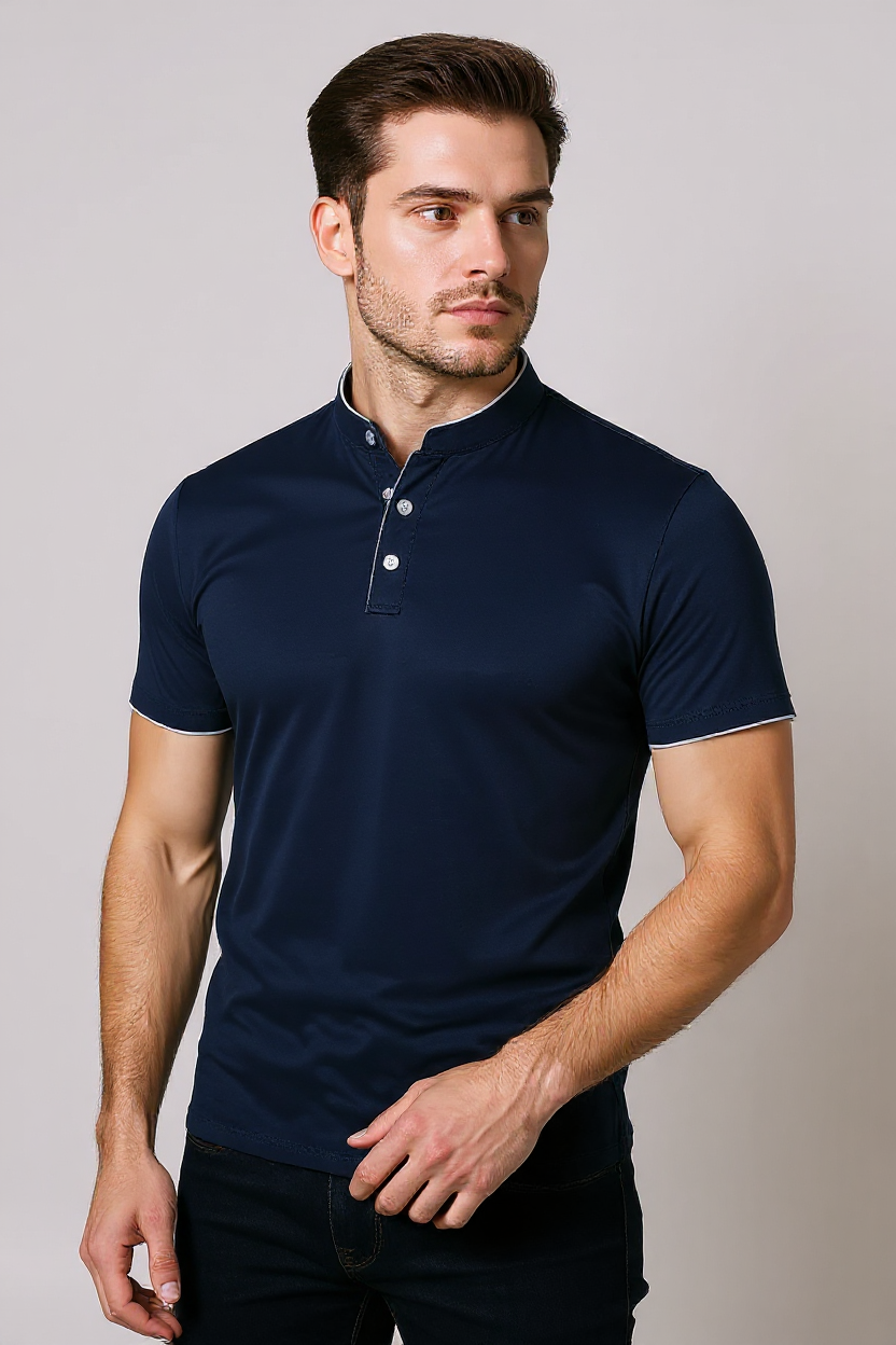 Slim Fit Polo Shirt With Mandarin Collar - Navy