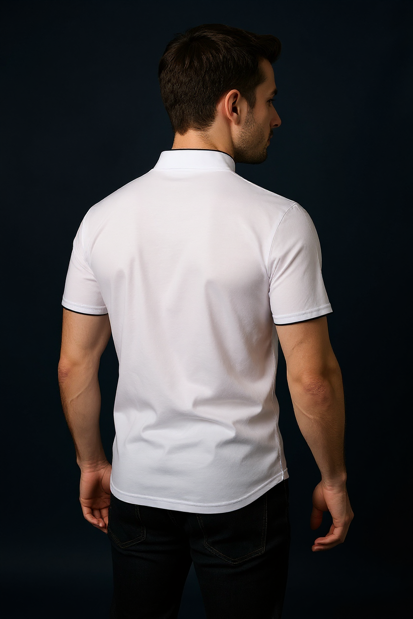 Slim Fit Polo Shirt With Mandarin Collar - White