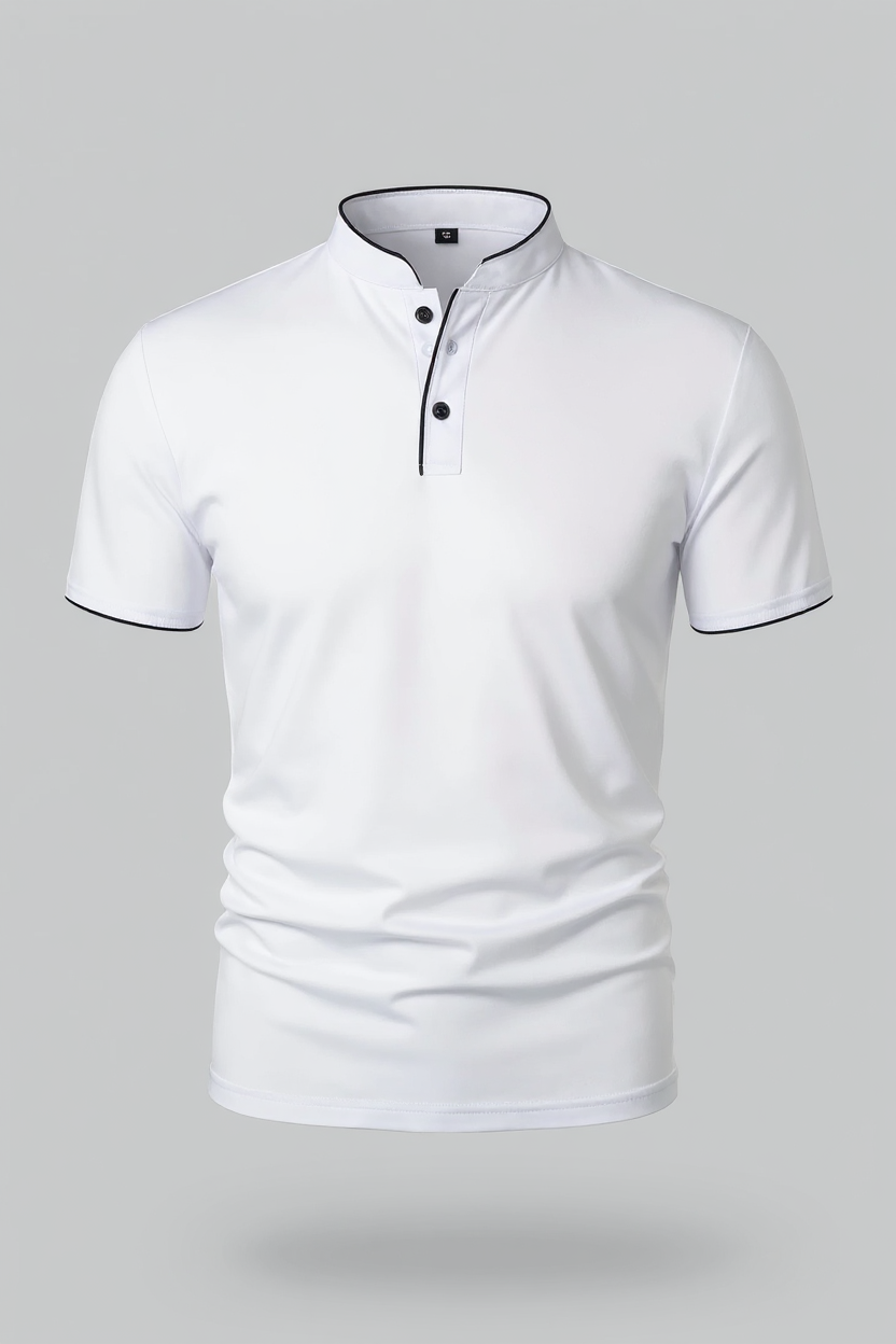 Slim Fit Polo Shirt With Mandarin Collar - White