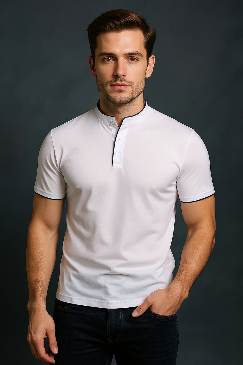 Slim Fit Polo Shirt With Mandarin Collar - White