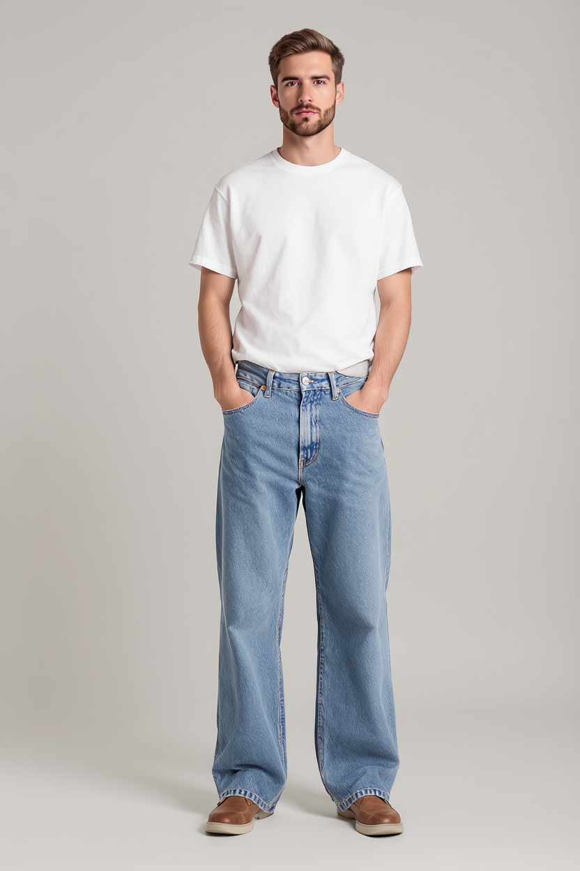 Straight Leg Washed Denim Jeans for Men - Blue