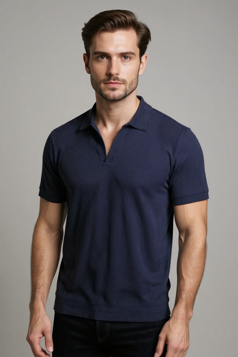 Structured Short Sleeve Polo Shirt for Men - Navy
