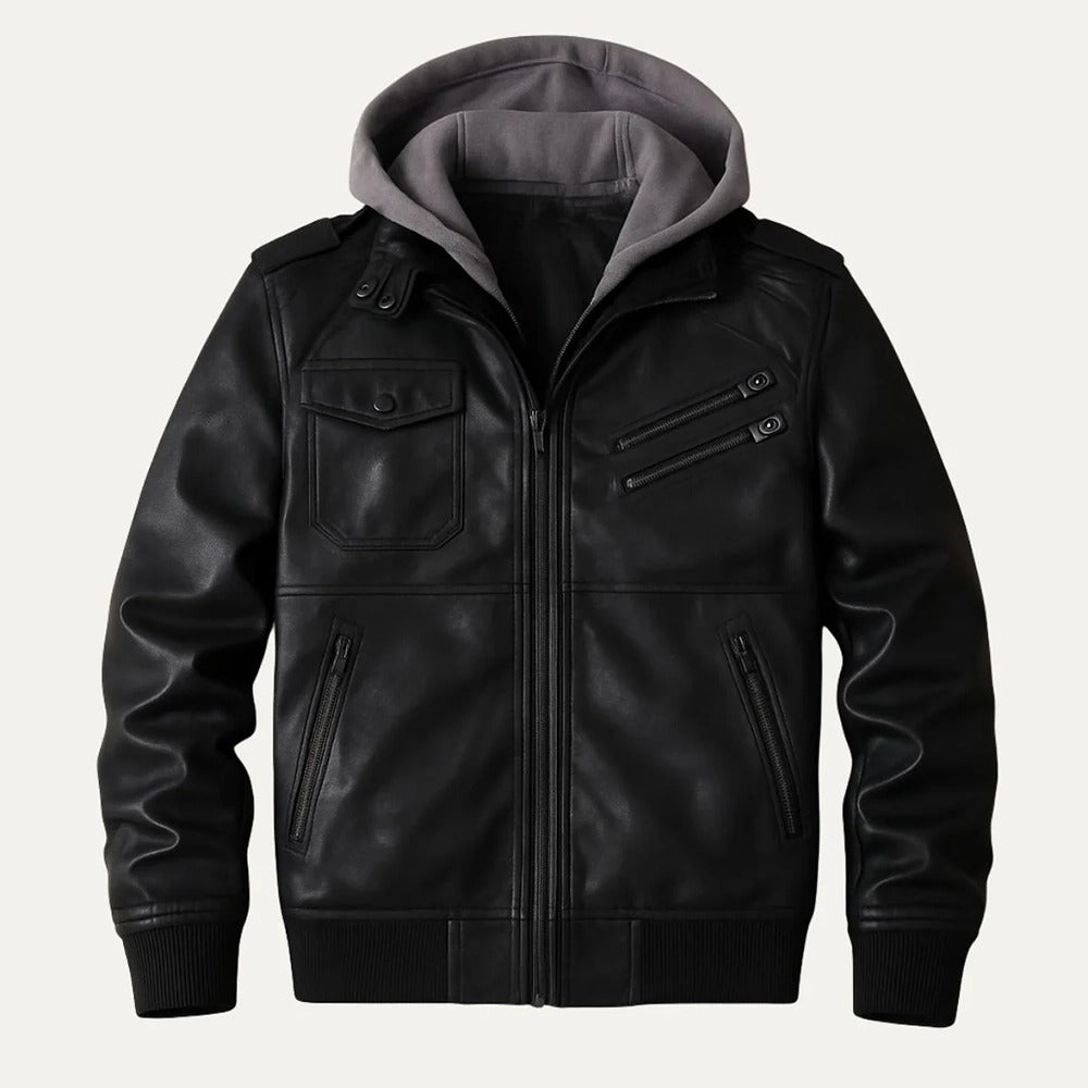 Stylish Men’s Leather Bomber Jacket - Black