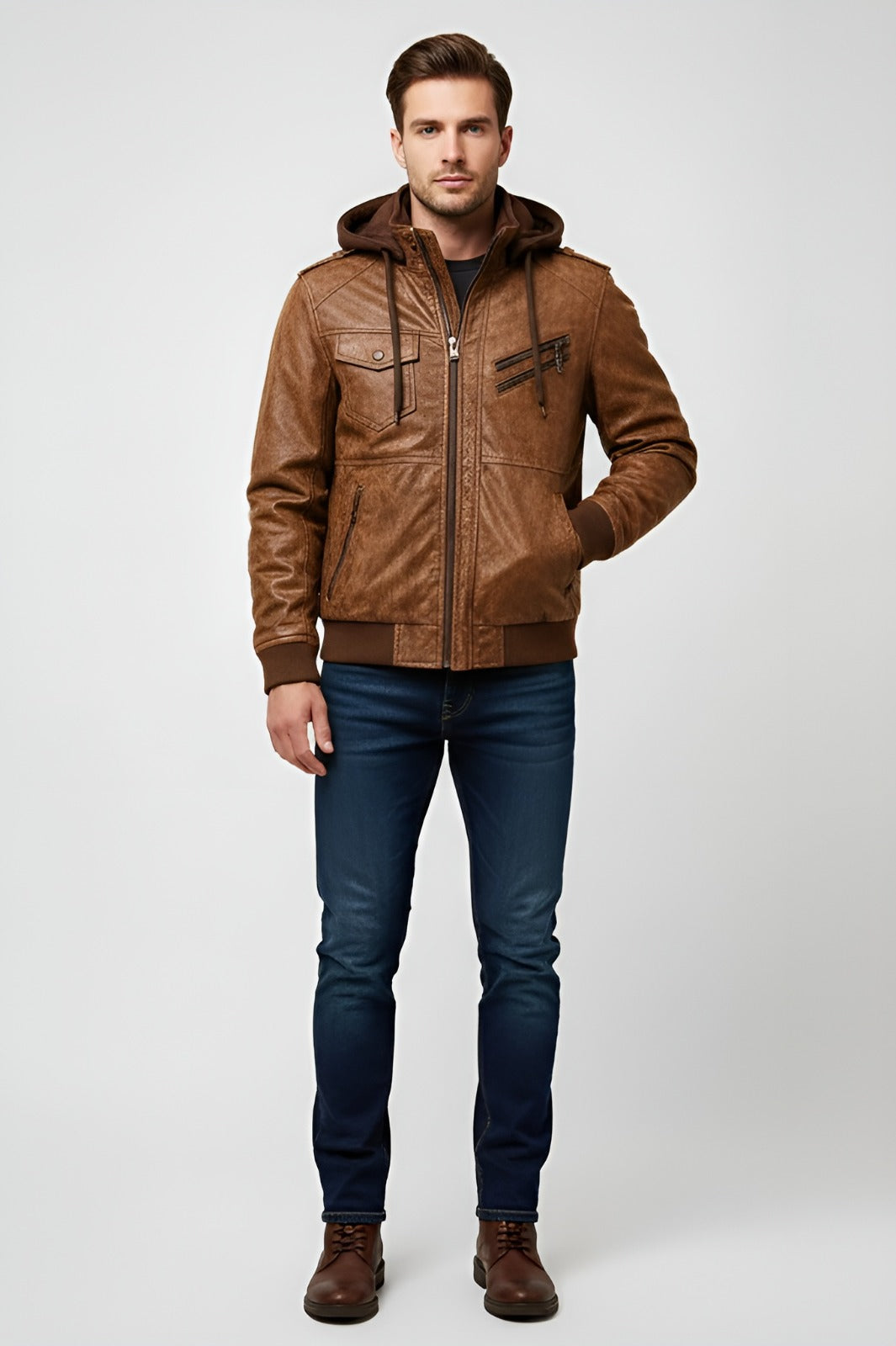 Stylish Men’s Leather Bomber Jacket - Brown