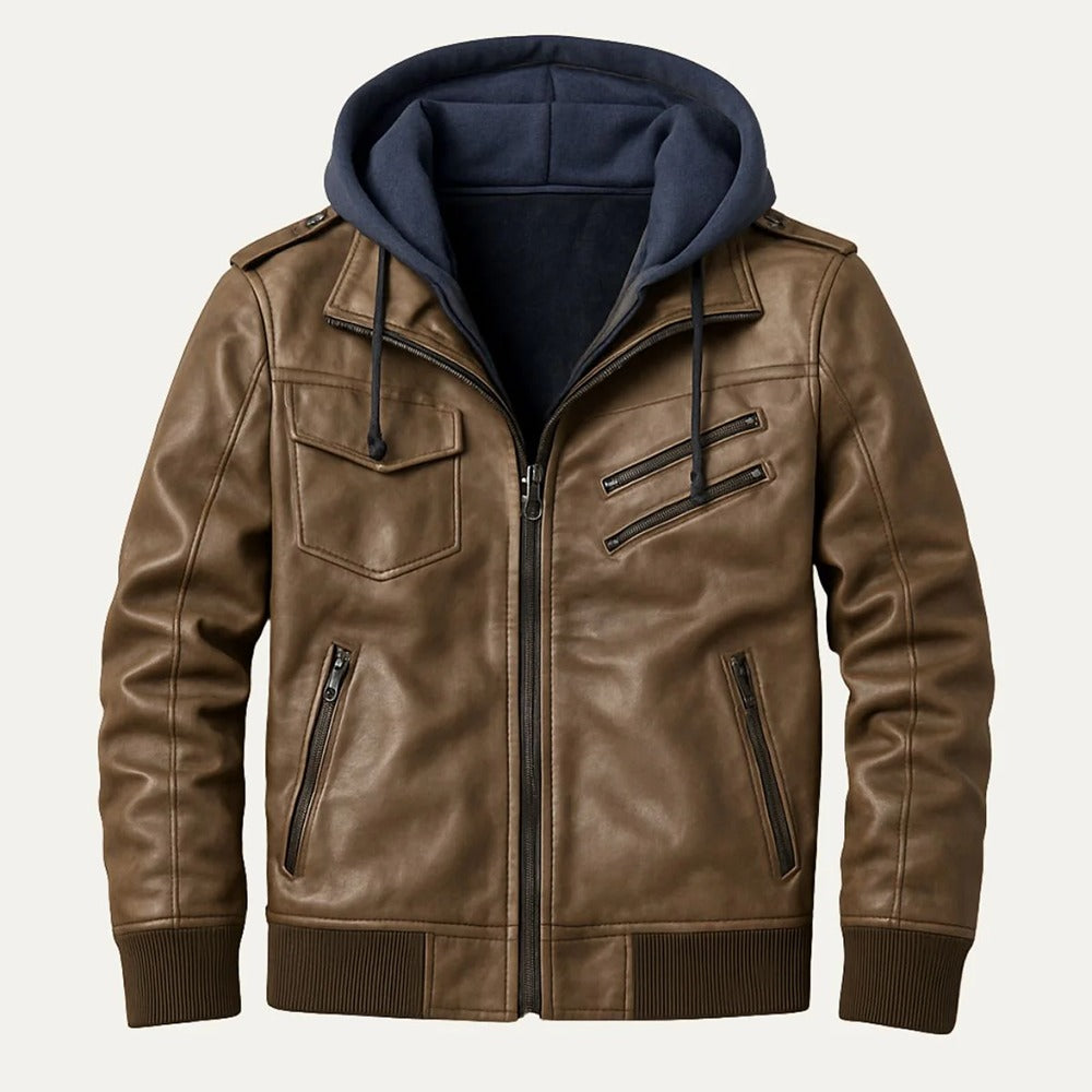 Stylish Men’s Leather Bomber Jacket - Khaki