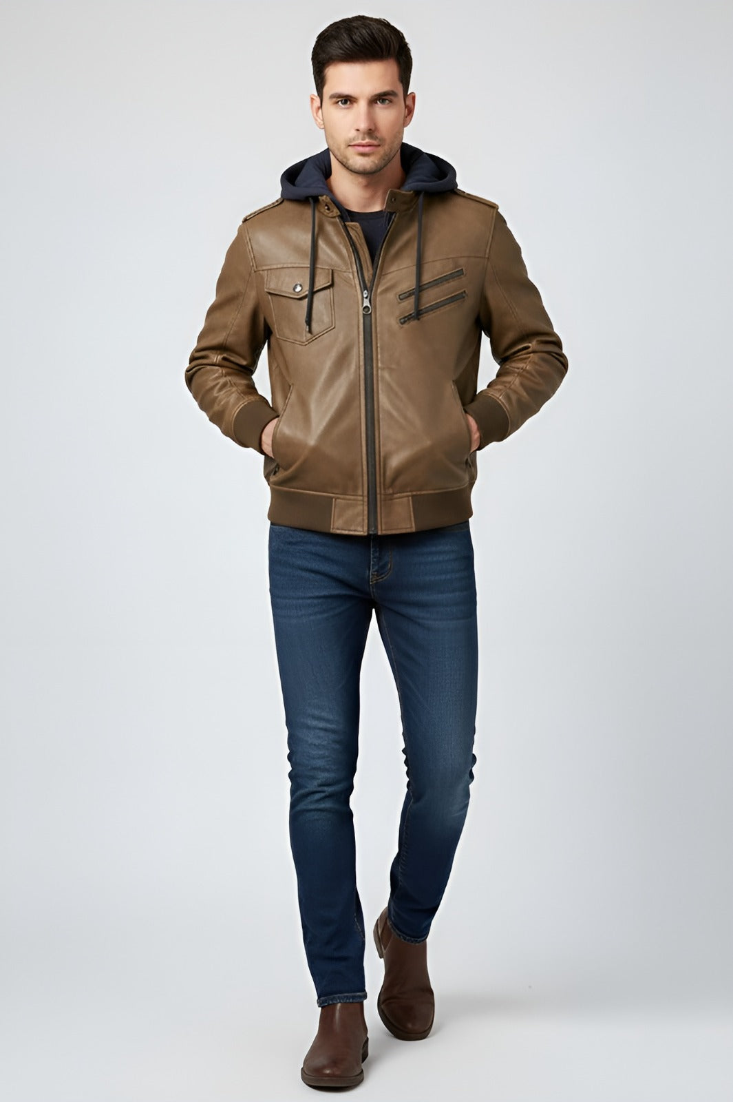 Stylish Men’s Leather Bomber Jacket - Khaki