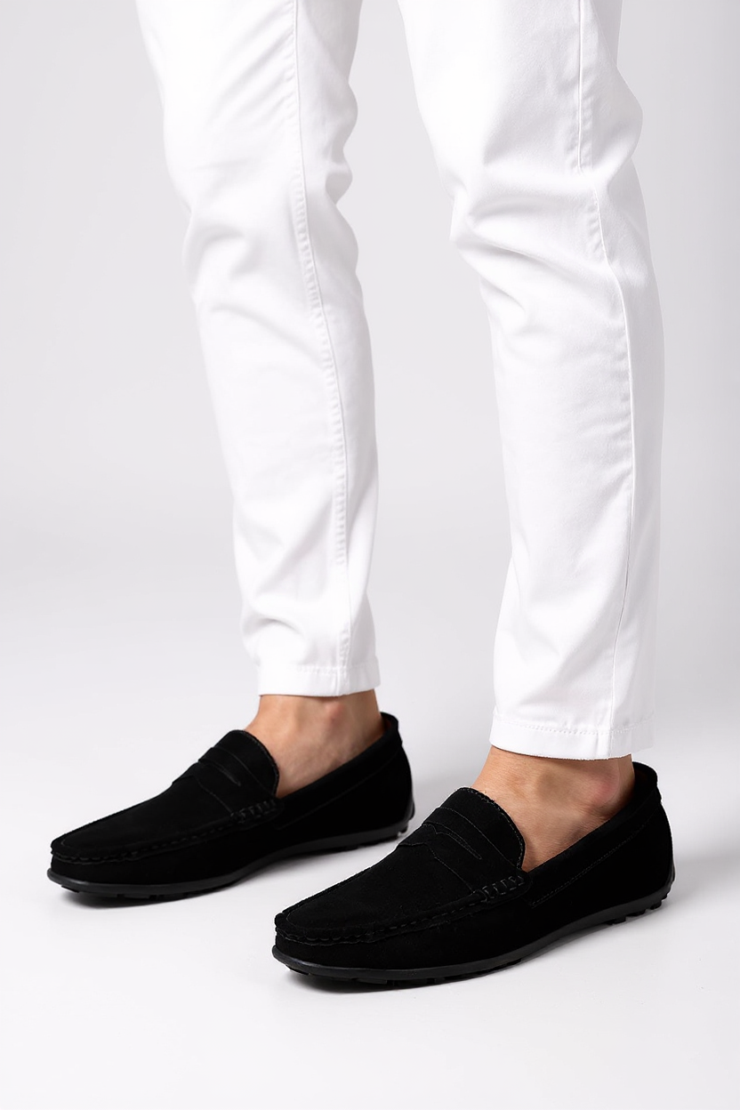 Suede Moccasin Slip-On Shoes for Men - Black