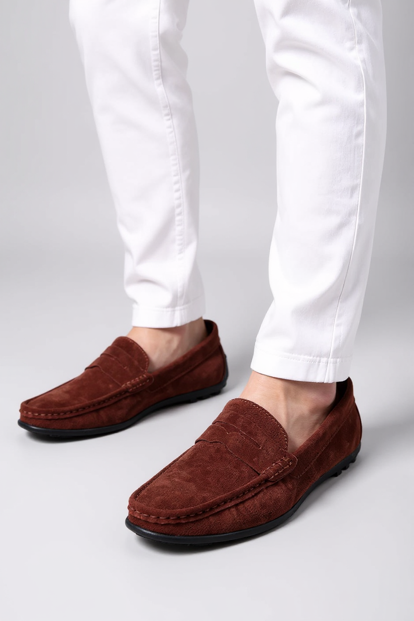 Suede Moccasin Slip-On Shoes for Men - Bordeaux Red