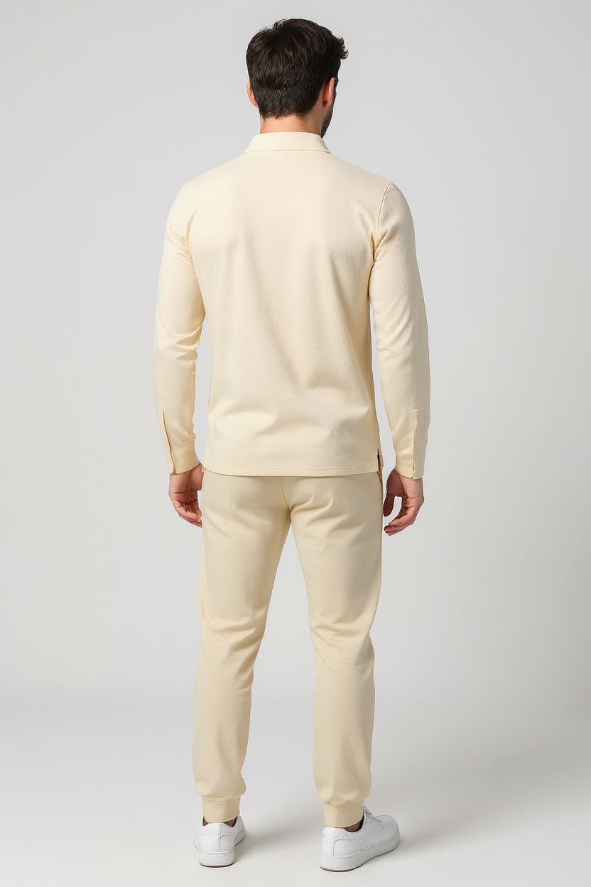Textured Quarter-Zip Tracksuit with Tapered Joggers for Men - Beige