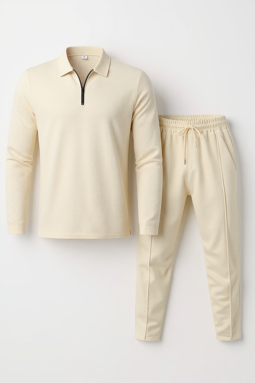 Textured Quarter-Zip Tracksuit with Tapered Joggers for Men - Beige