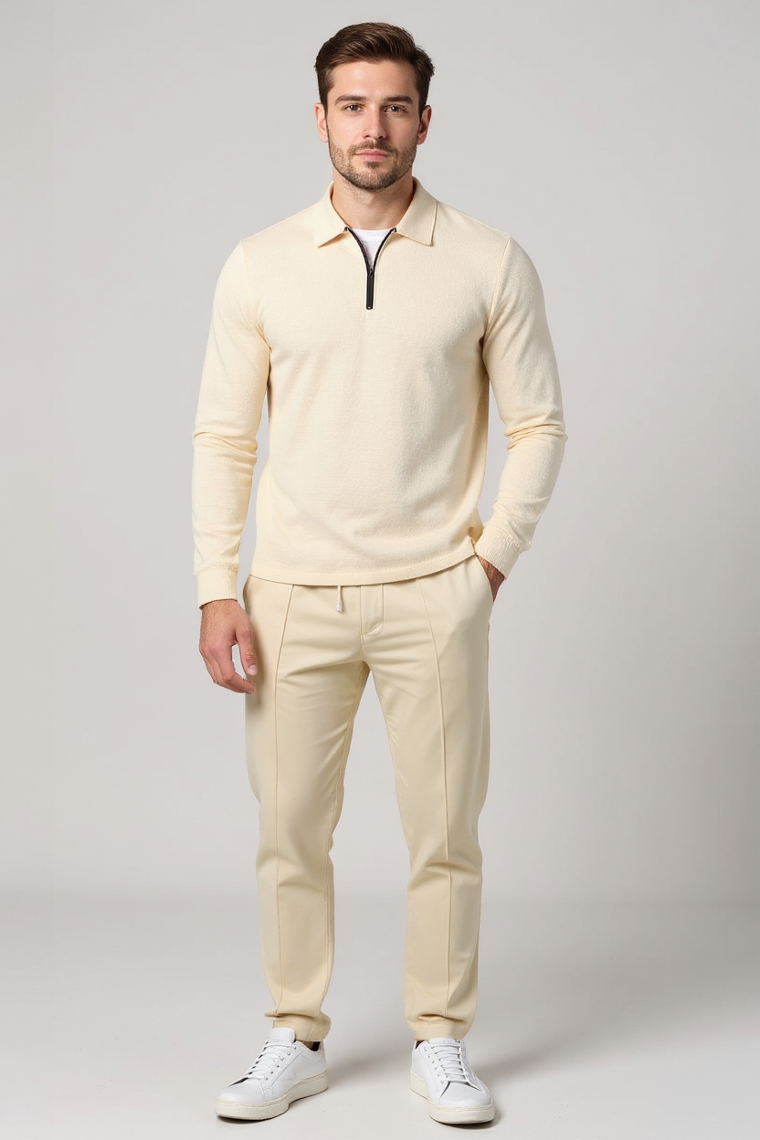 Textured Quarter-Zip Tracksuit with Tapered Joggers for Men - Beige