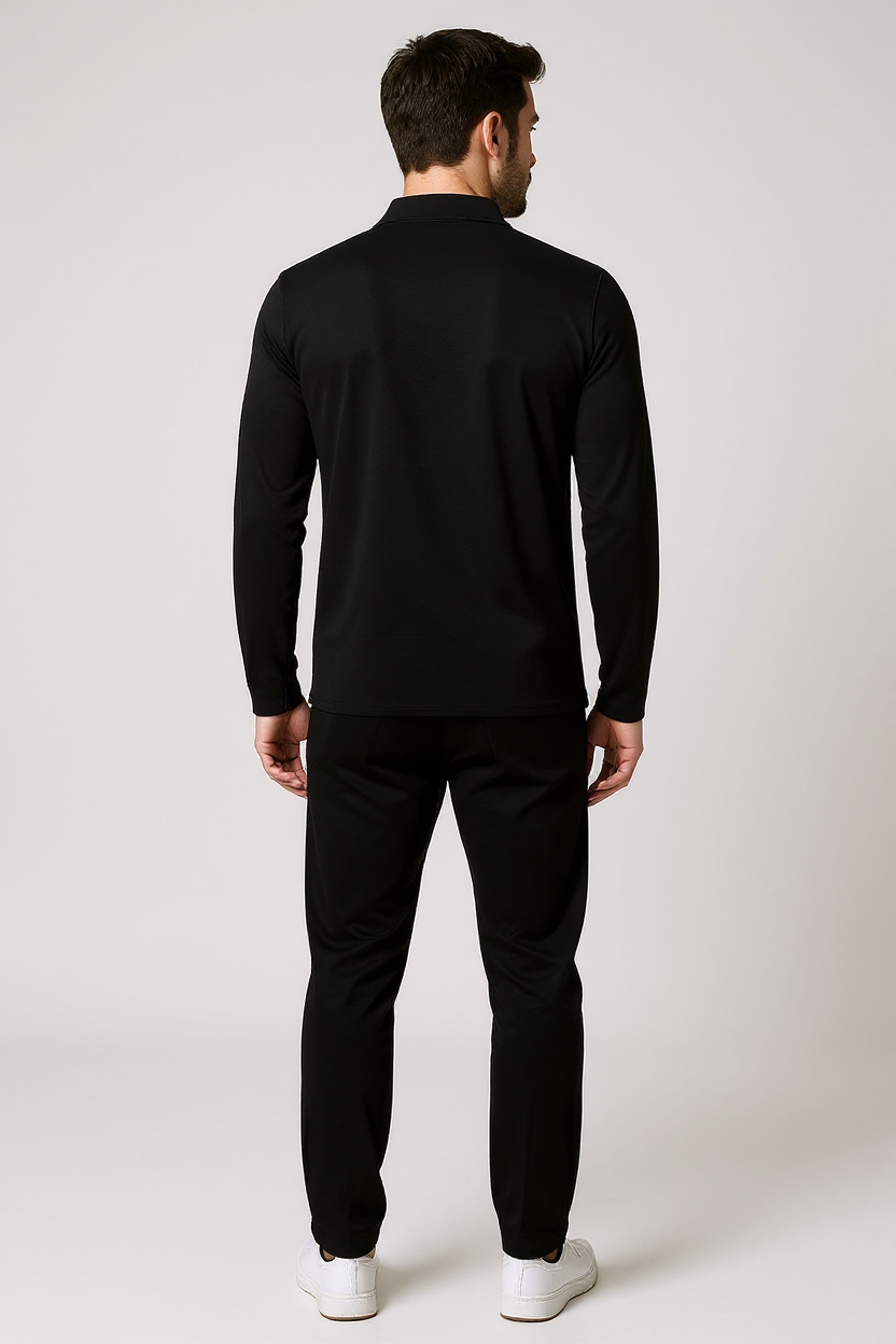 Textured Quarter-Zip Tracksuit with Tapered Joggers for Men - Black