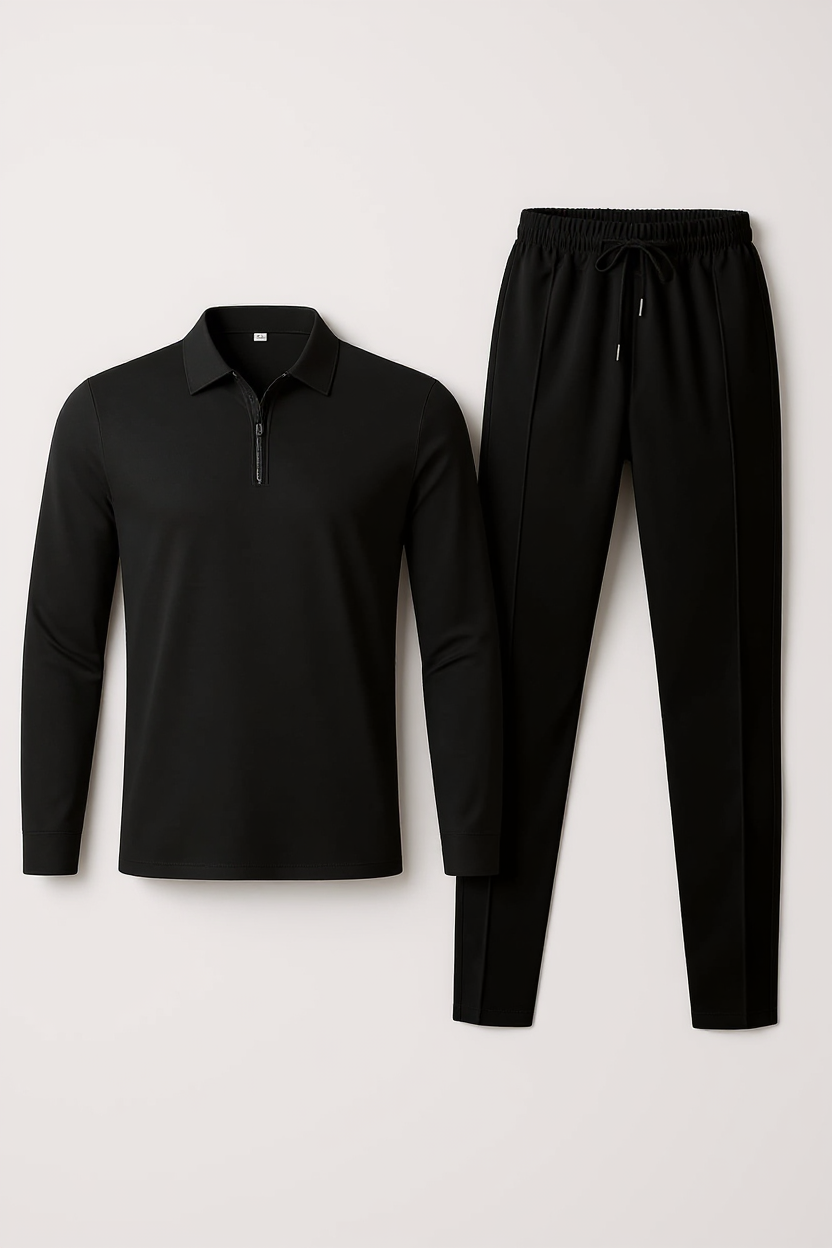 Textured Quarter-Zip Tracksuit with Tapered Joggers for Men - Black