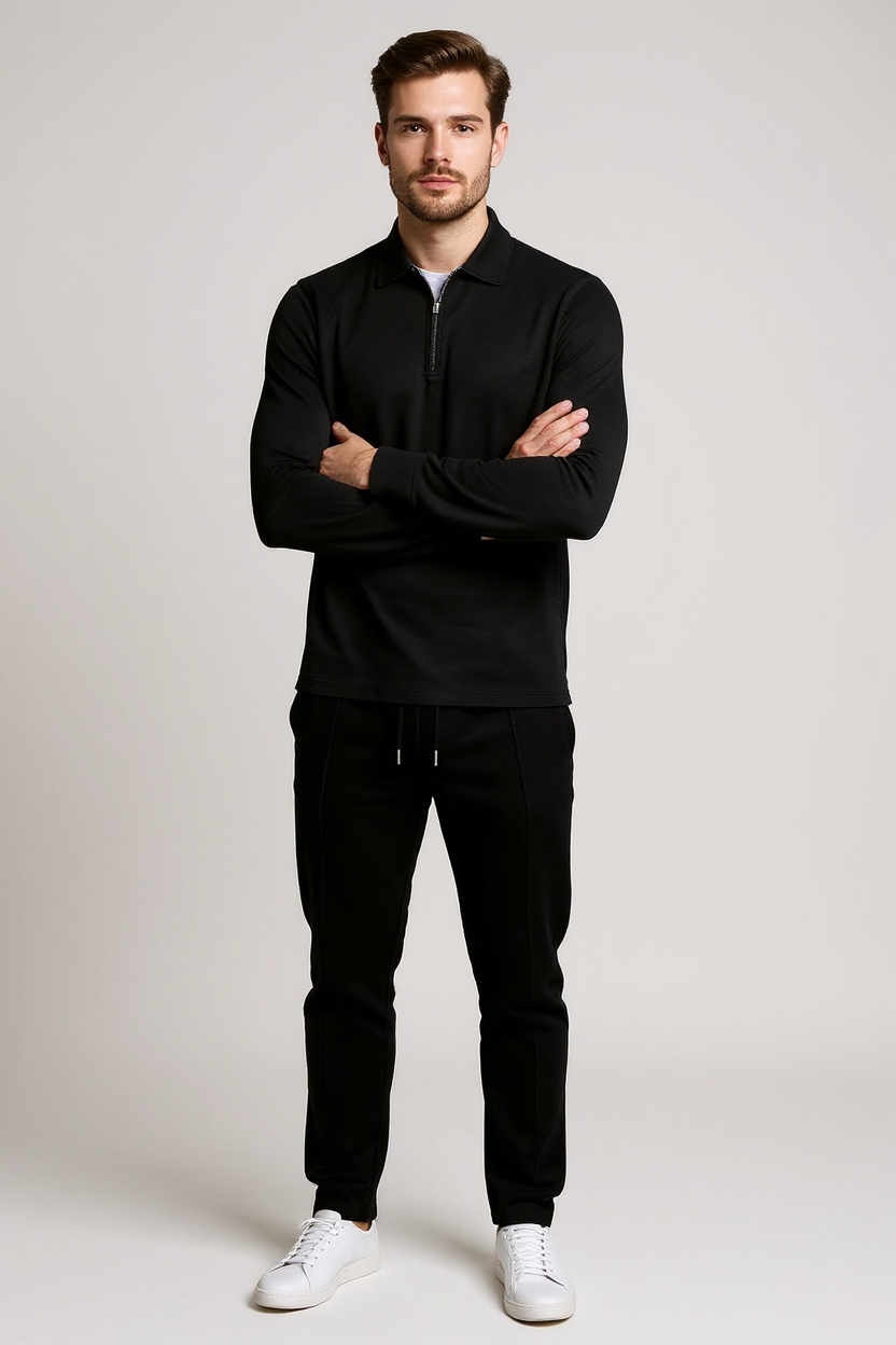 Textured Quarter-Zip Tracksuit with Tapered Joggers for Men - Black