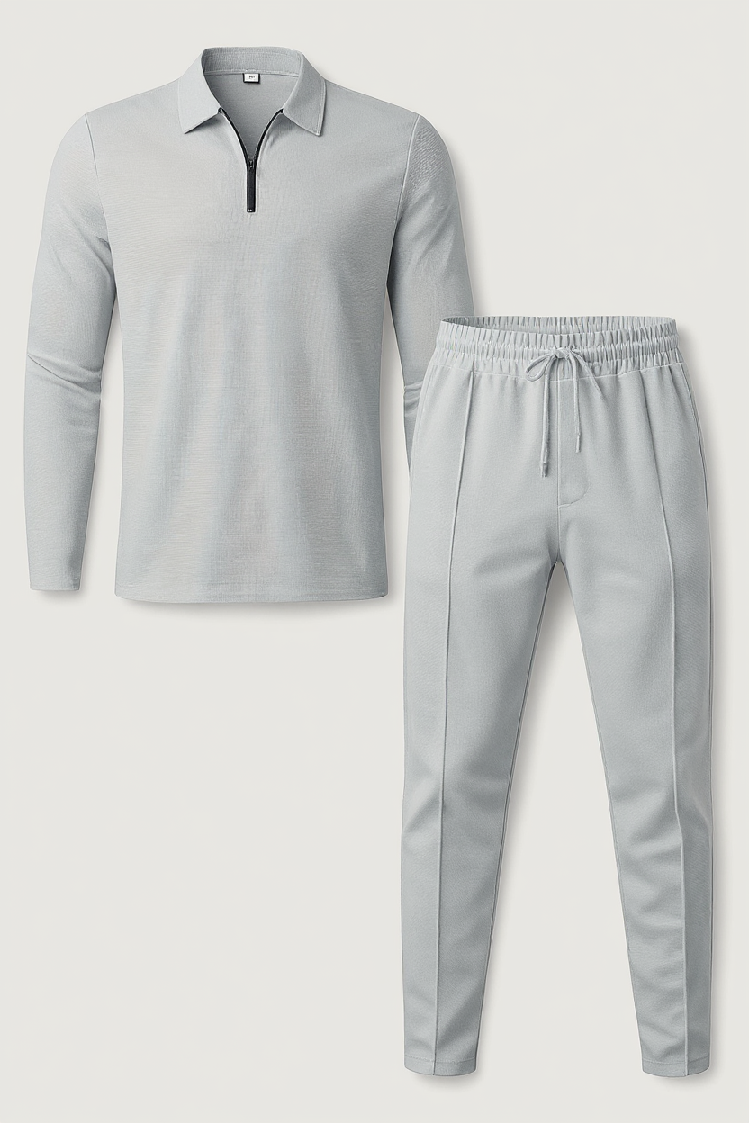 Textured Quarter-Zip Tracksuit with Tapered Joggers for Men - Grey