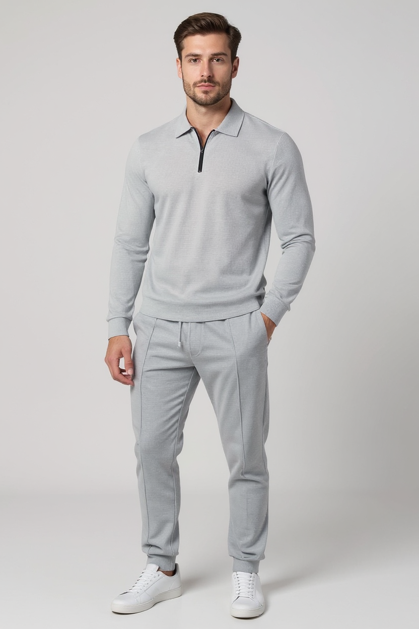 Textured Quarter-Zip Tracksuit with Tapered Joggers for Men - Grey