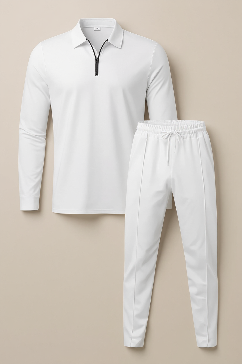 Textured Quarter-Zip Tracksuit with Tapered Joggers for Men - White