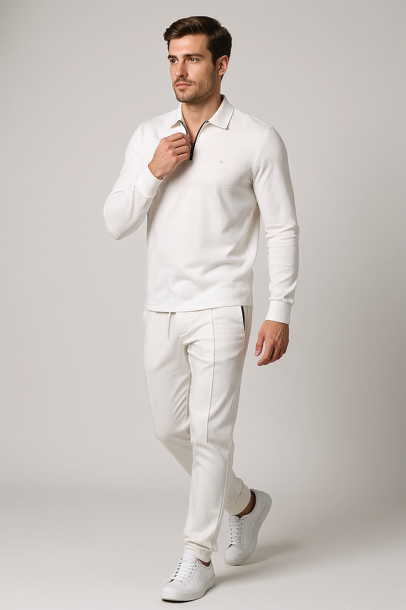 Textured Quarter-Zip Tracksuit with Tapered Joggers for Men - White