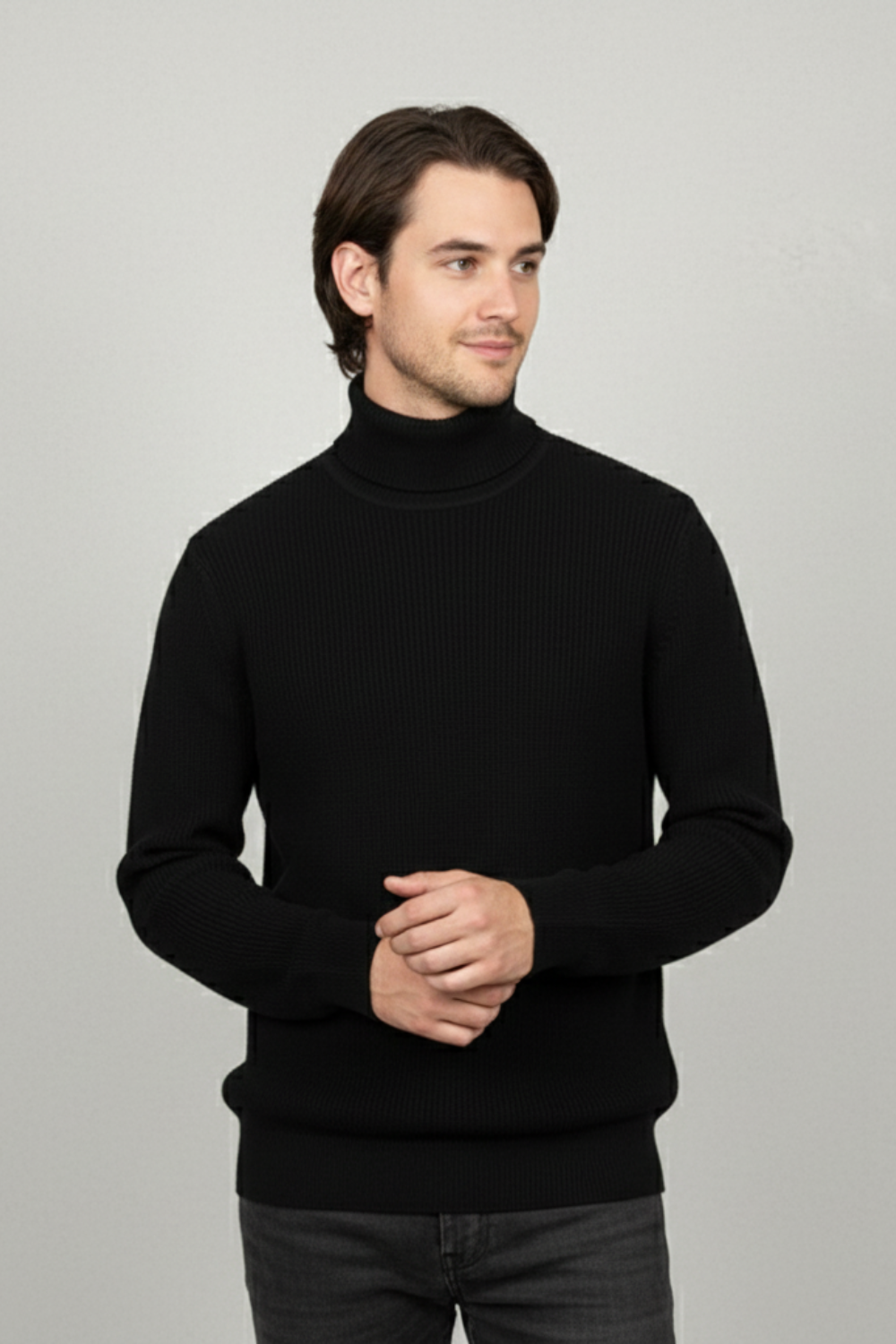 Elegant Men’s Merino Wool Turtleneck Jumper - Black