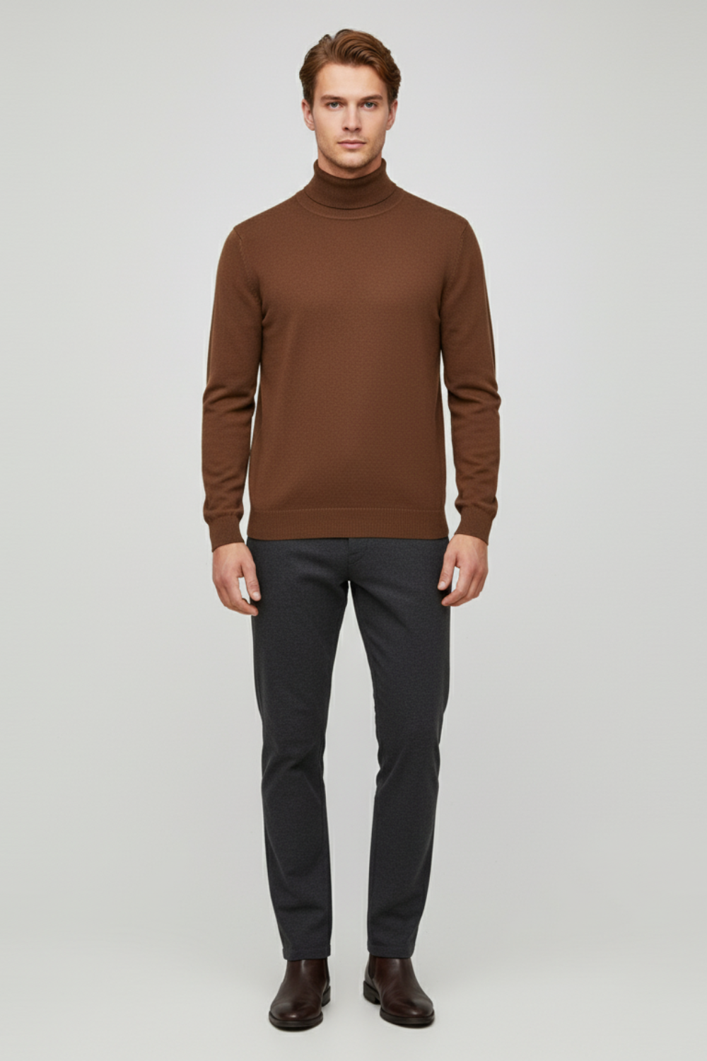 Elegant Men’s Merino Wool Turtleneck Jumper - Brown