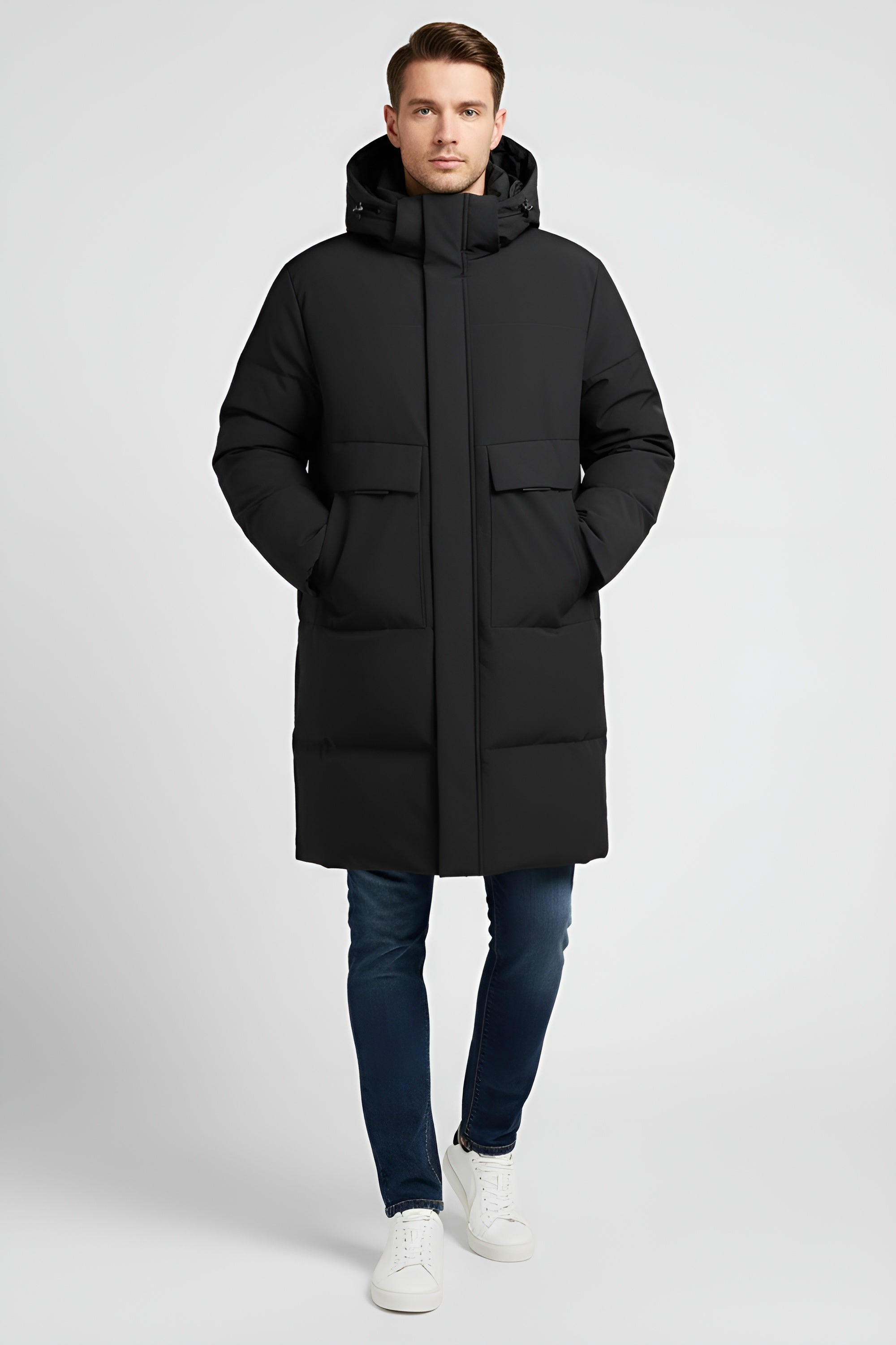 Long Hooded Puffer Parka for Men - Black