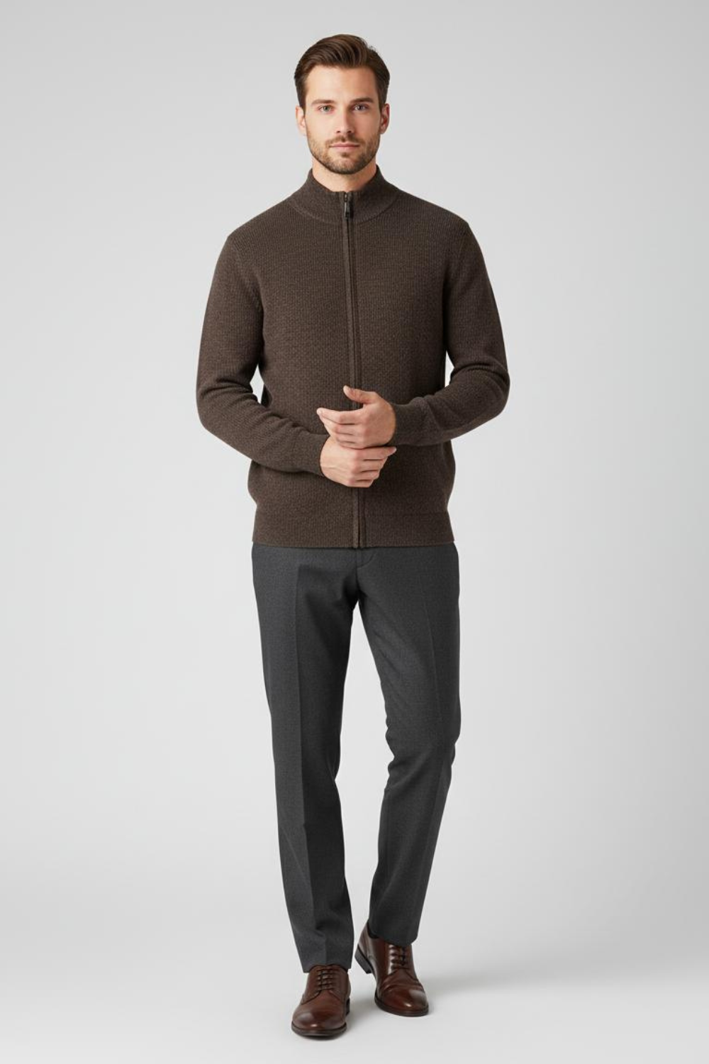 Refined Men’s Zip-Up Wool Sweater - Brown